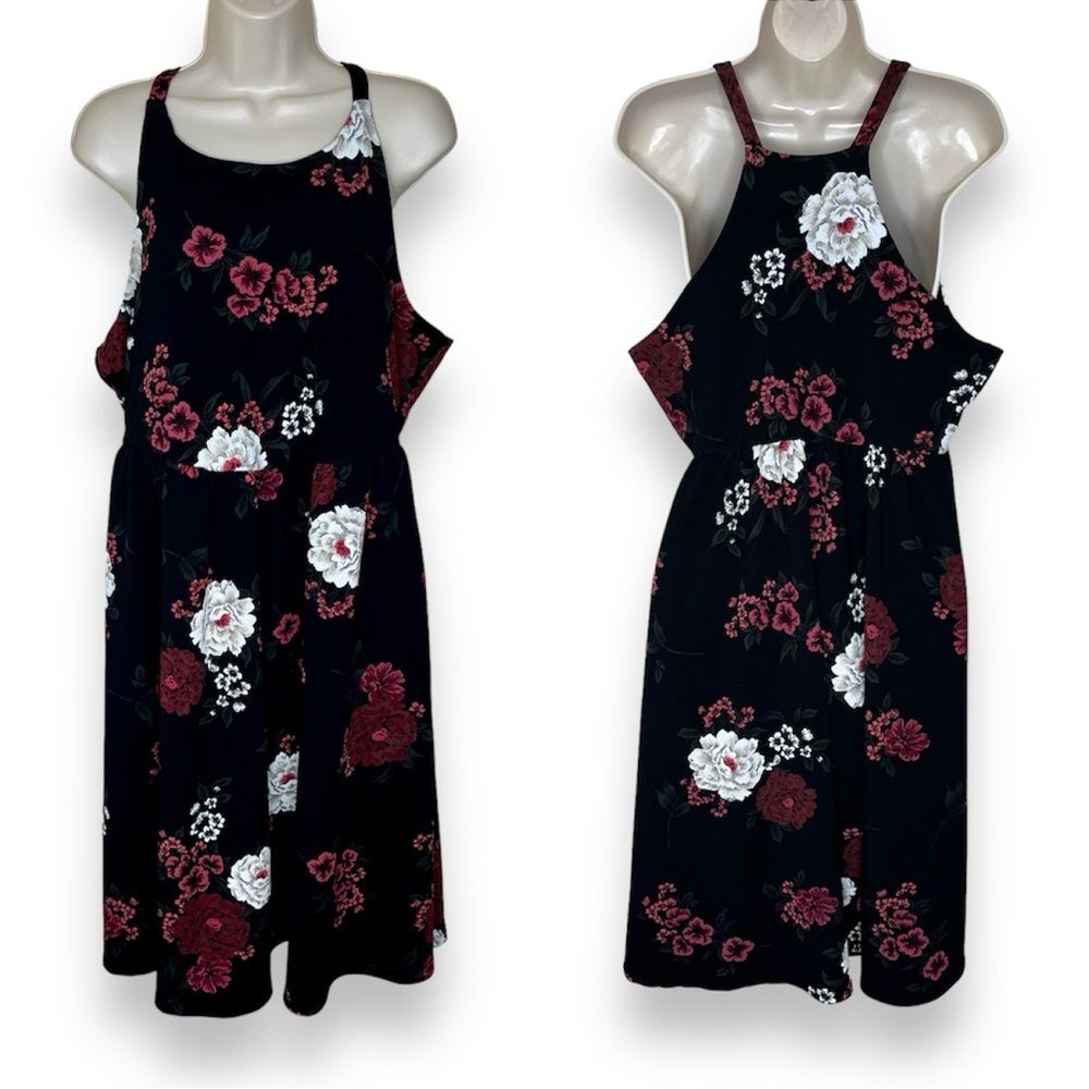 Torrid Floral Skater Dress Textured Scuba Fit and Flare Black Red Dress Women 1X